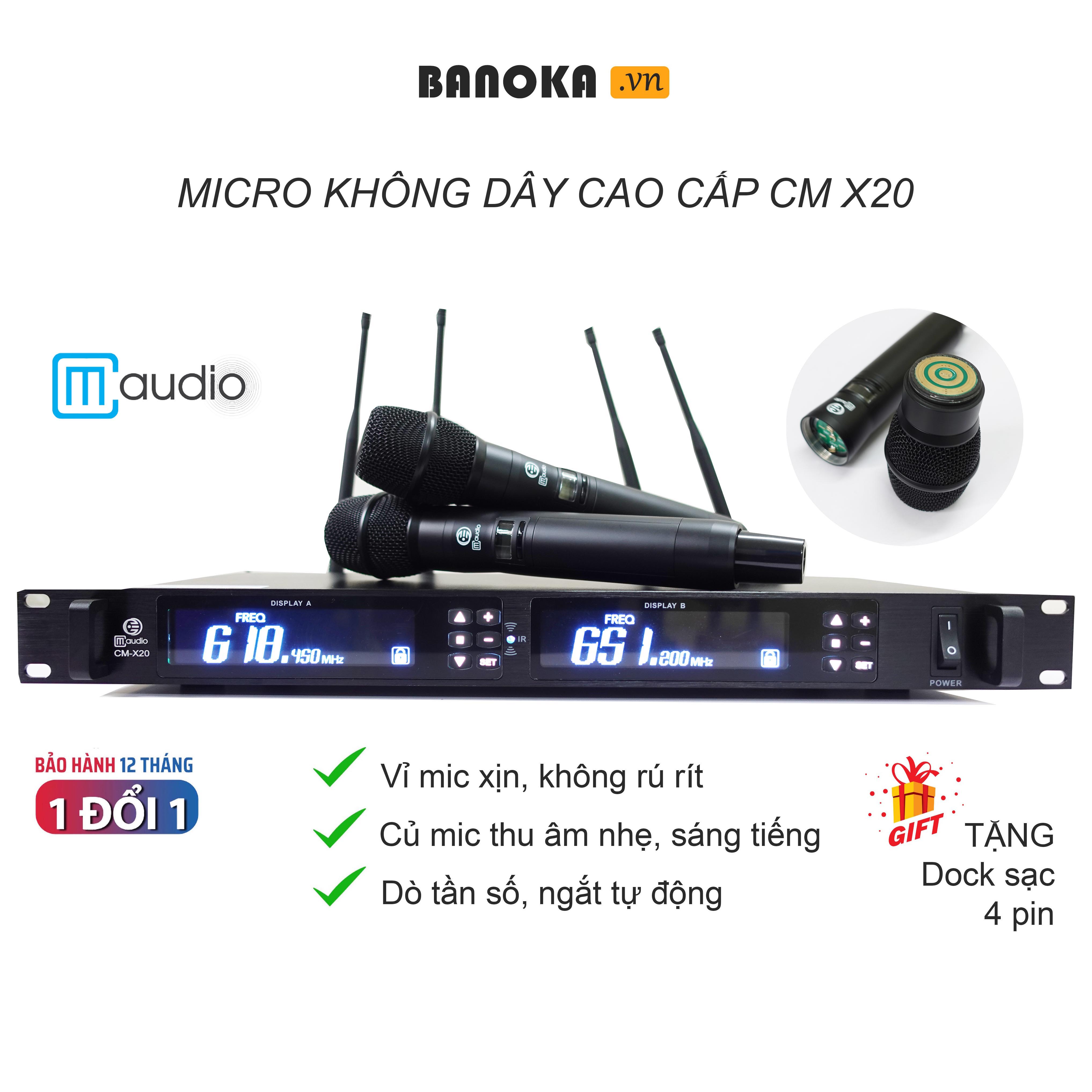 Micro Không Dây Cao Cấp Chuyên Nghiệp CM X20, Mic thu âm nhạy, 4 râu thu xa đến 100m